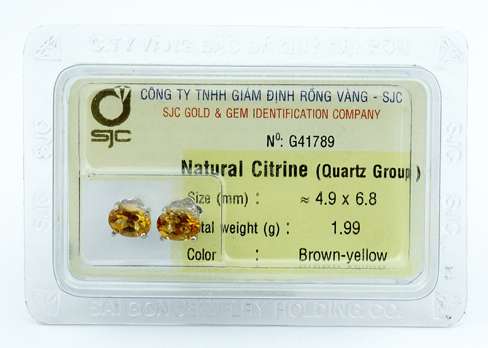 Bông tai nữ đá citrine thạch anh vàng tự nhiên 6mm mài giác oval 41789